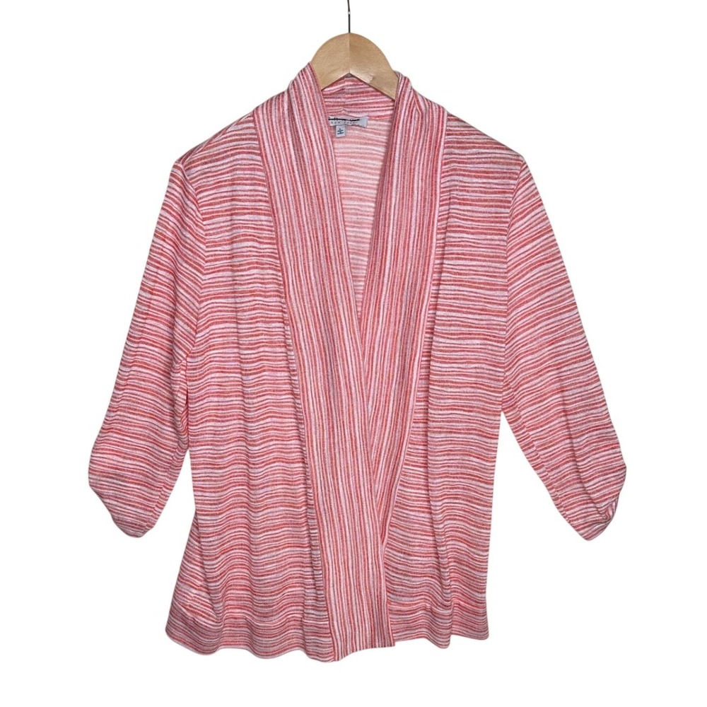 CHAUS New York Womens Open Front Summer Cardigan Size Large Stripe Orange